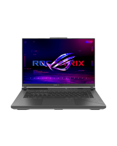 ROG Strix G16 with side vent glow, running fast-paced multiplayer action.

