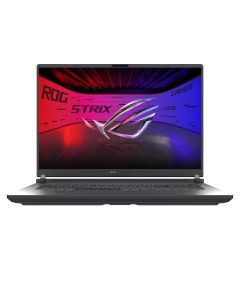 ROG Strix G18 angled side shot with a gaming keyboard and cooling stand.


